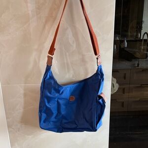 Longchamp Royal Blue Nylon Shoulder Bag with Brown Strap